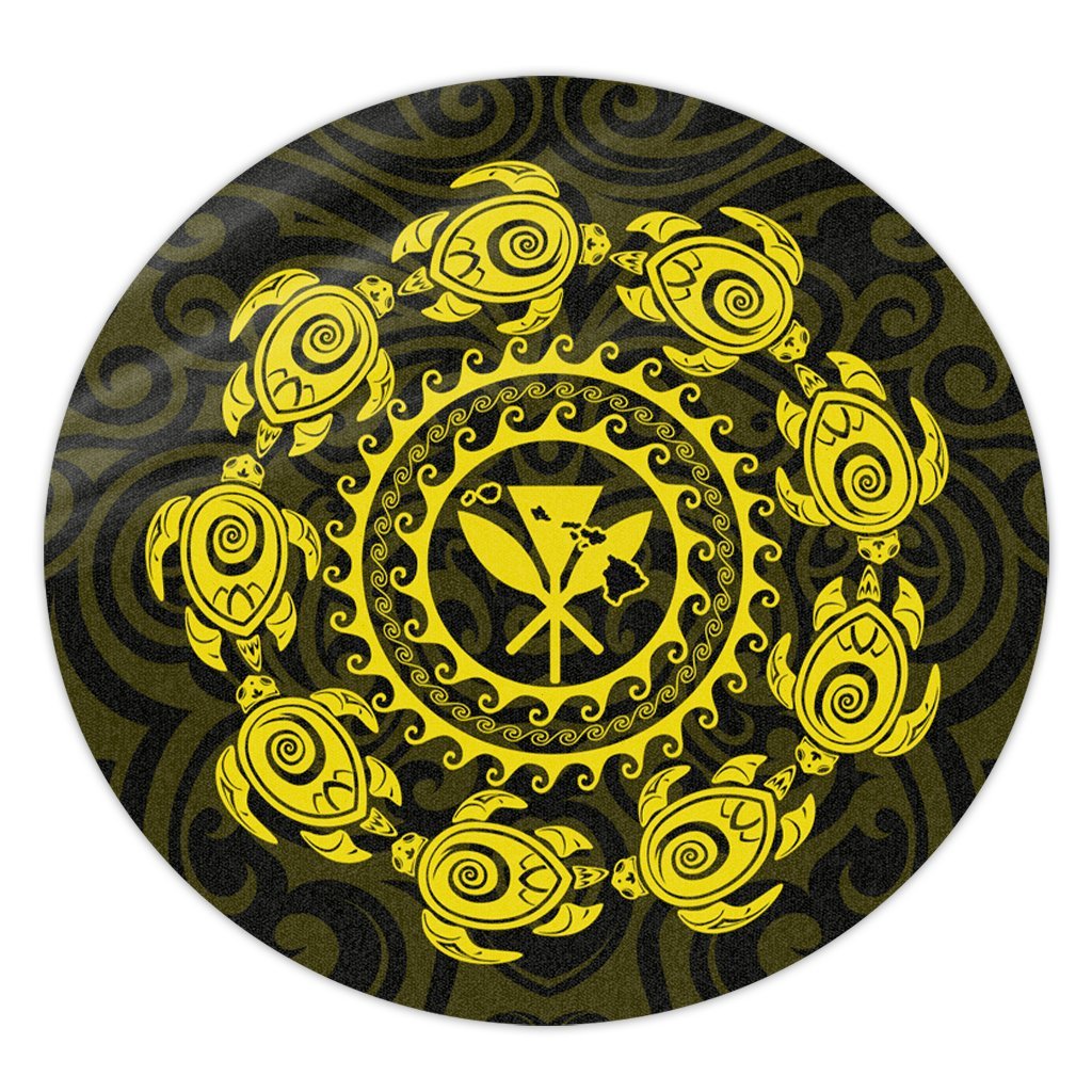 Hawaiian Map Kanaka Turtles Circle Style Yellow Polynesian Round Carpet - AH Round Carpet Luxurious Plush - Polynesian Pride