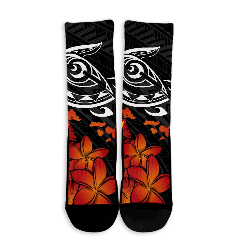 Hawaiian Map Kanaka Turtles Hibiscus Plumeria Crew Socks - AH - Polynesian Pride