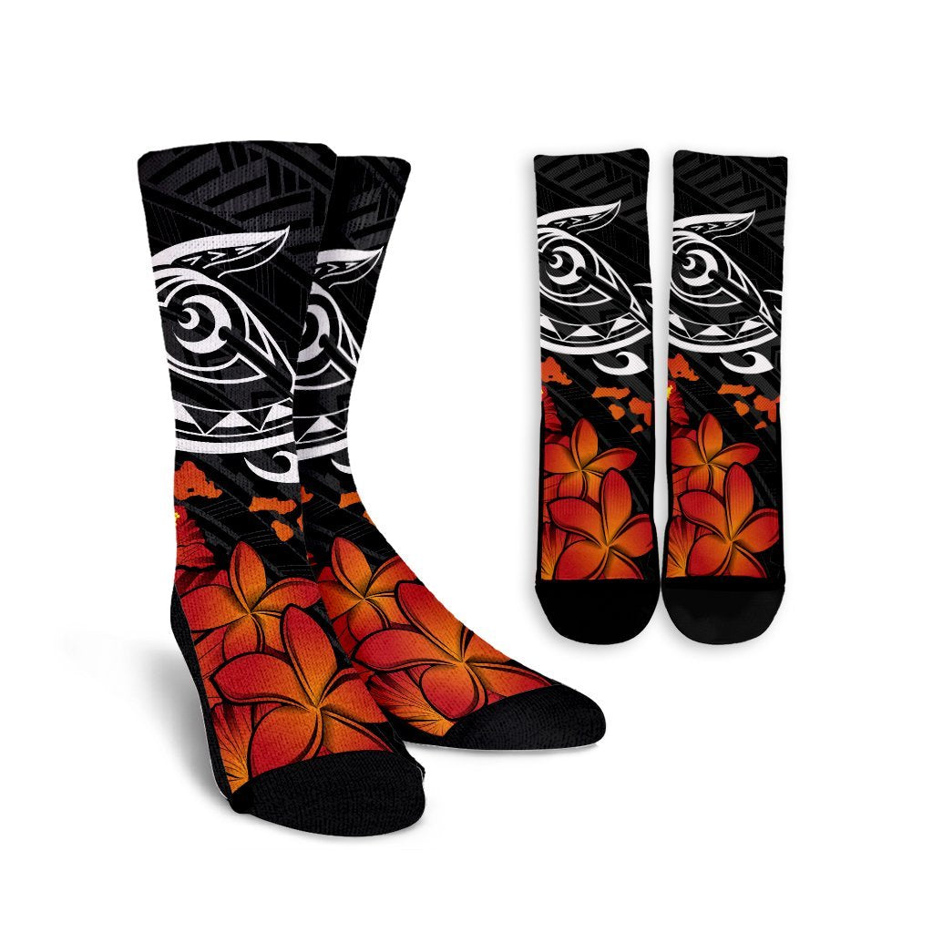 Hawaiian Map Kanaka Turtles Hibiscus Plumeria Crew Socks - AH Crew Socks White - Polynesian Pride