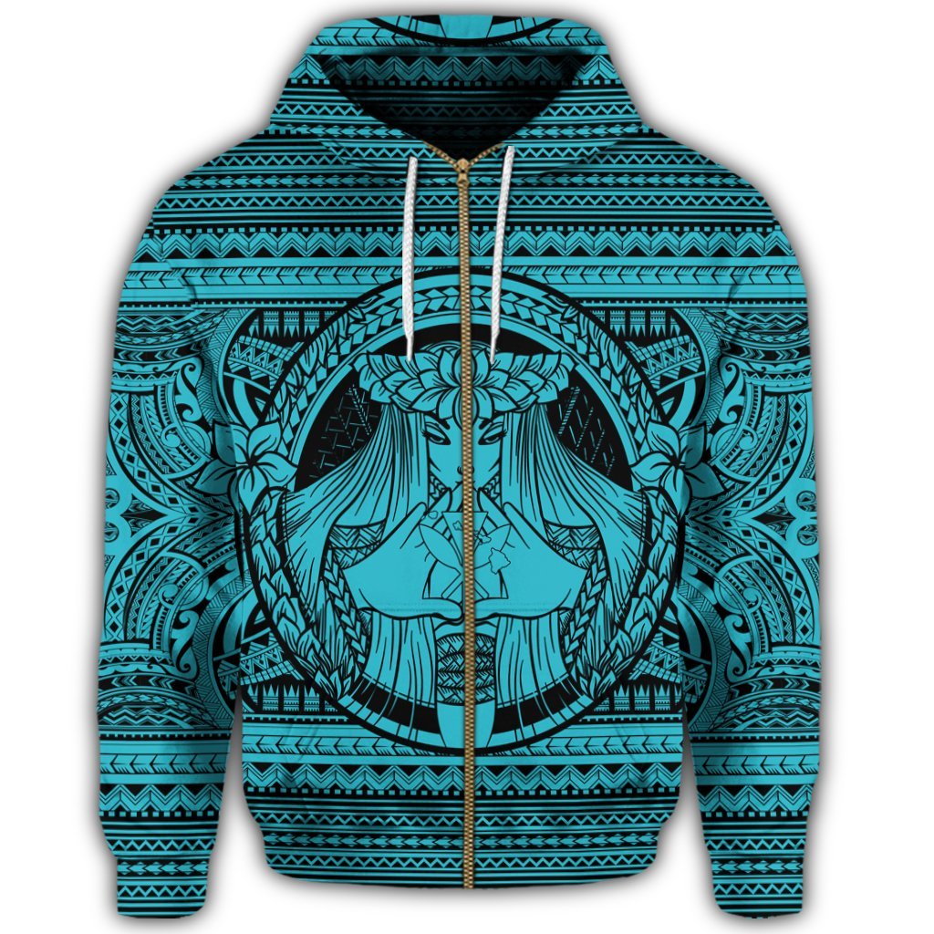 Hawaiian Map Madame Pele Kanaka Plumeria Polynesian Zip Hoodie Blue - Polynesian Pride