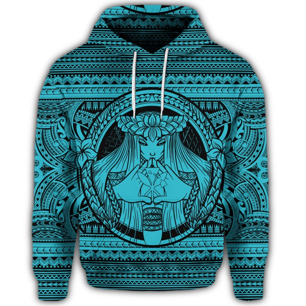 Hawaiian Map Madame Pele Kanaka Plumeria Polynesian Hoodie Blue - Polynesian Pride