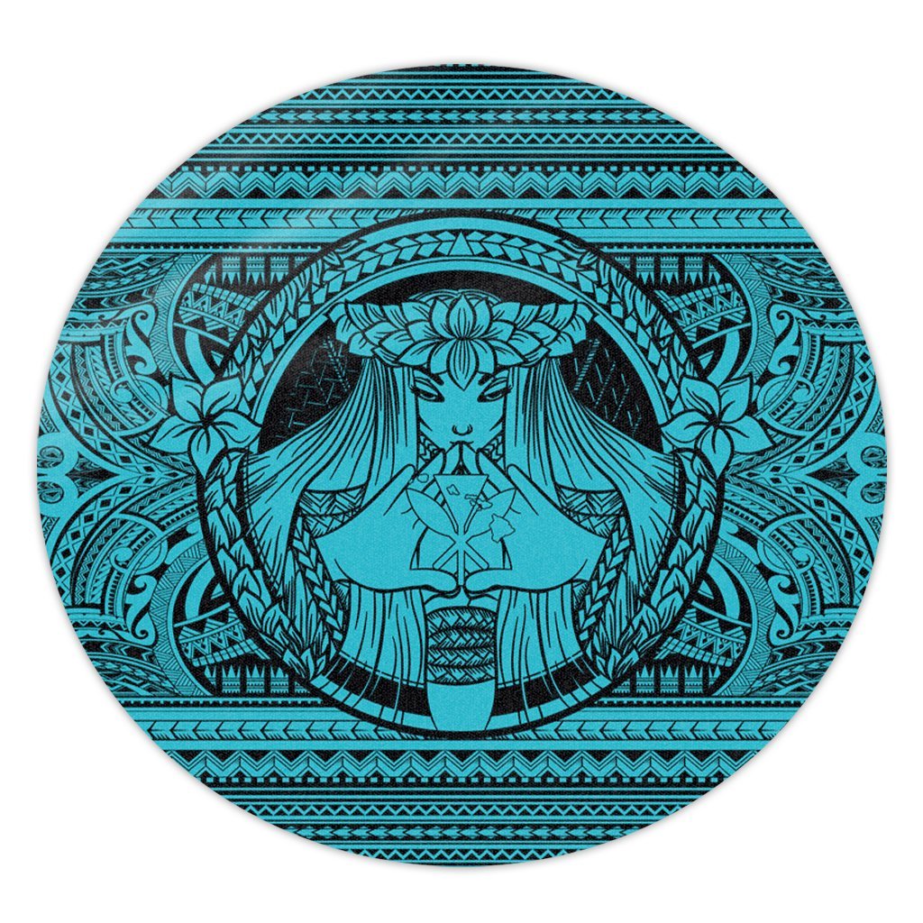 Hawaiian Map Madame Pele Kanaka Plumeria Polynesian Round Carpet Blue AH Round Carpet Luxurious Plush - Polynesian Pride