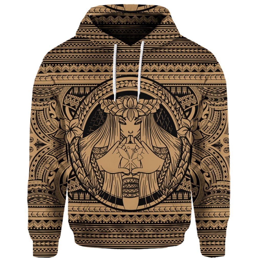 Custom Hawaiian Map Madame Pele Kanaka Plumeria Polynesian Hoodie Gold - Polynesian Pride