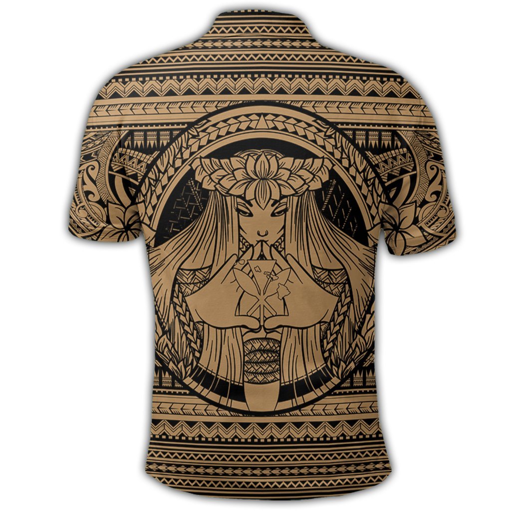 Hawaiian Map Madame Pele Kanaka Plumeria Polynesian Polo Shirt Gold - Polynesian Pride