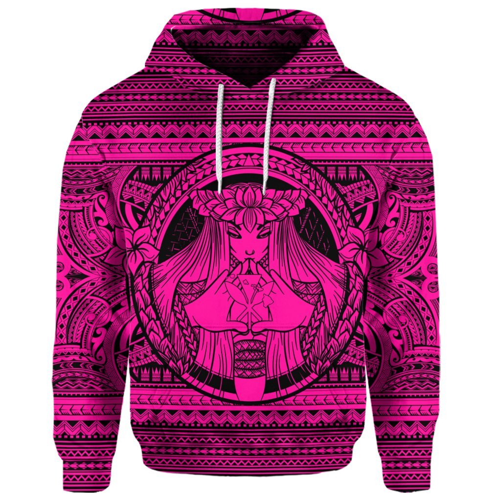 Custom Hawaiian Map Madame Pele Kanaka Plumeria Polynesian Hoodie Pink - Polynesian Pride