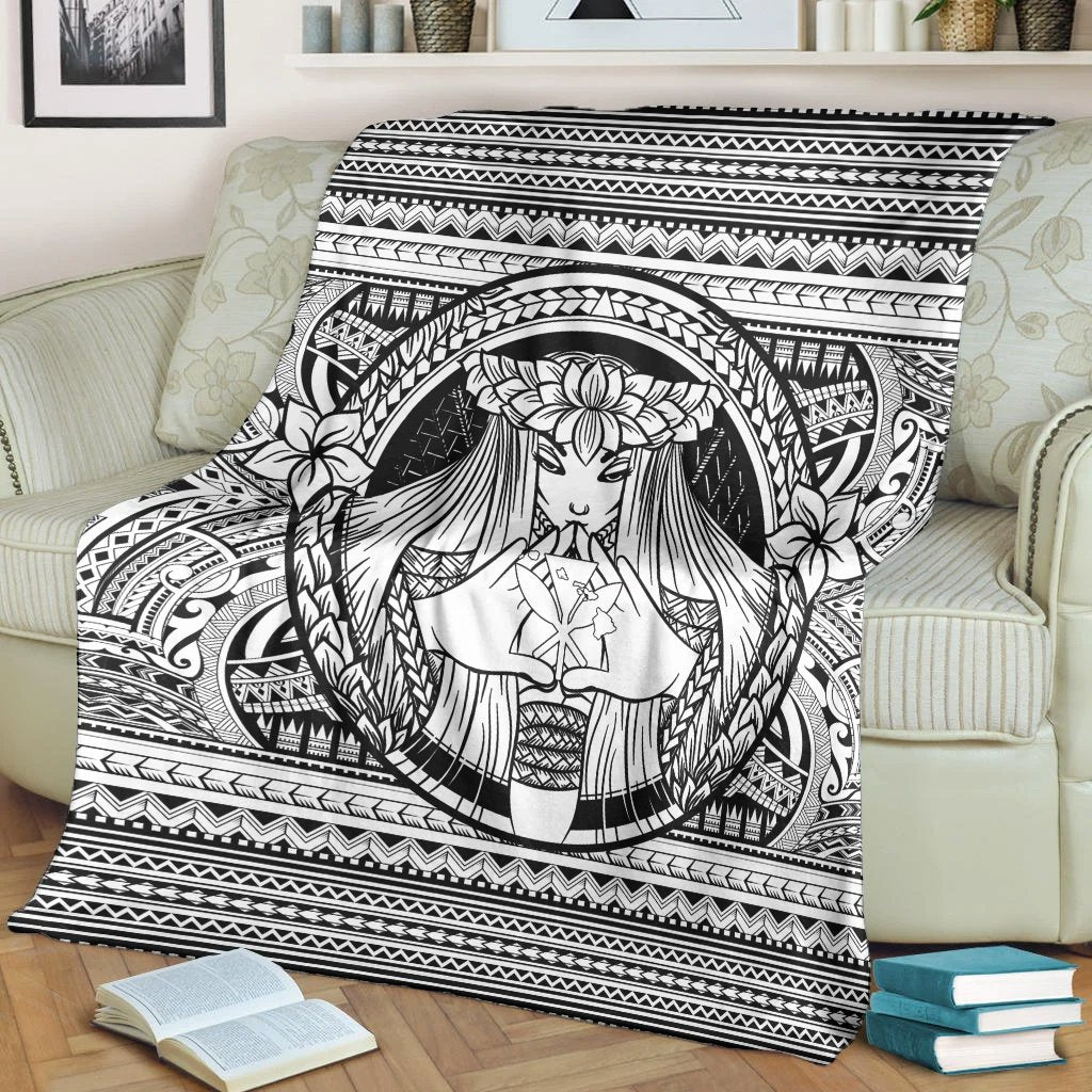 Hawaiian Map Madame Pele Kanaka Plumeria Polynesian Premium Blankets White AH - Polynesian Pride