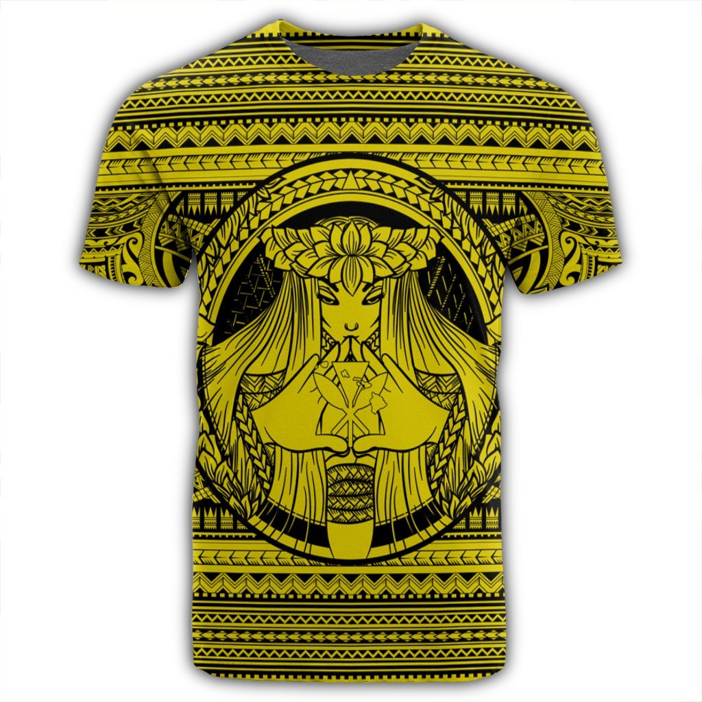 Hawaiian Map Madame Pele Kanaka Plumeria Polynesian T Shirt Yellow - Polynesian Pride