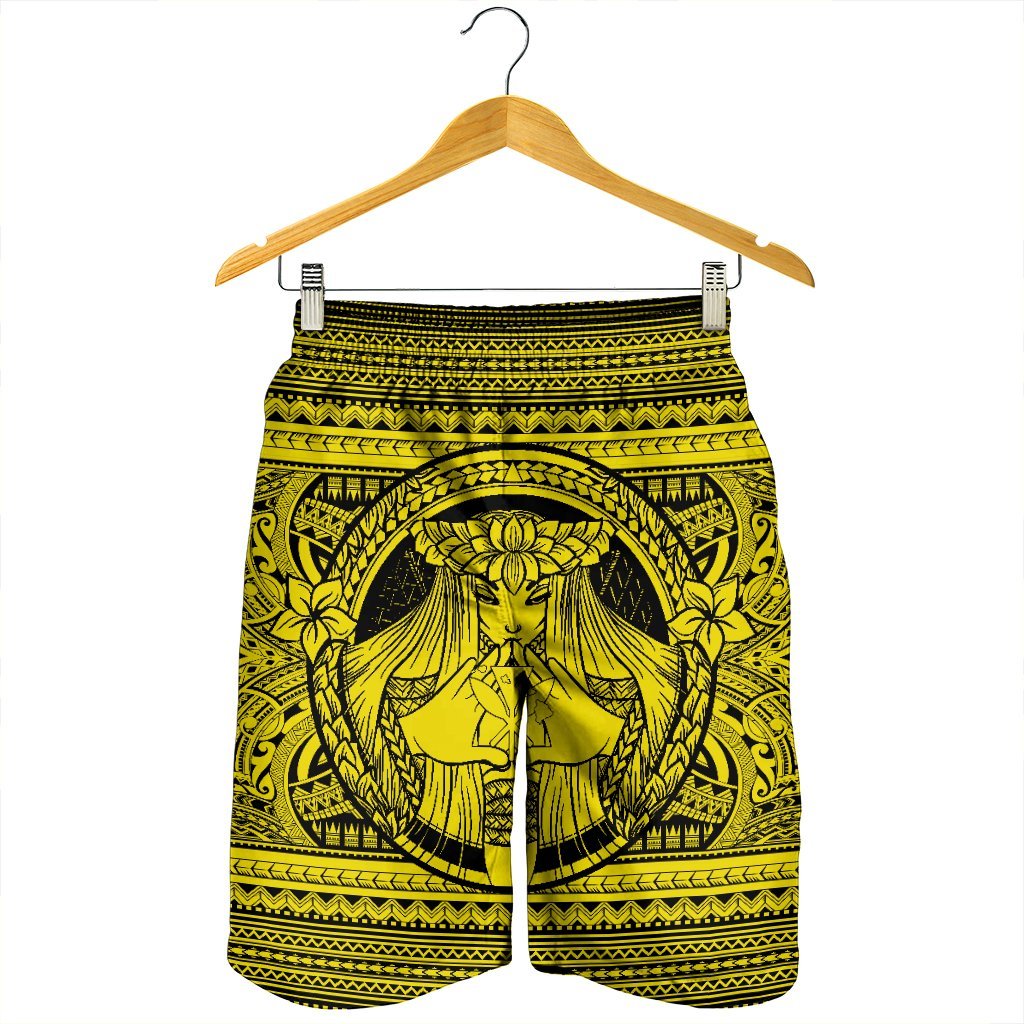 Hawaiian Map Madame Pele Kanaka Plumeria Polynesian Men's Shorts Yellow AH - Polynesian Pride