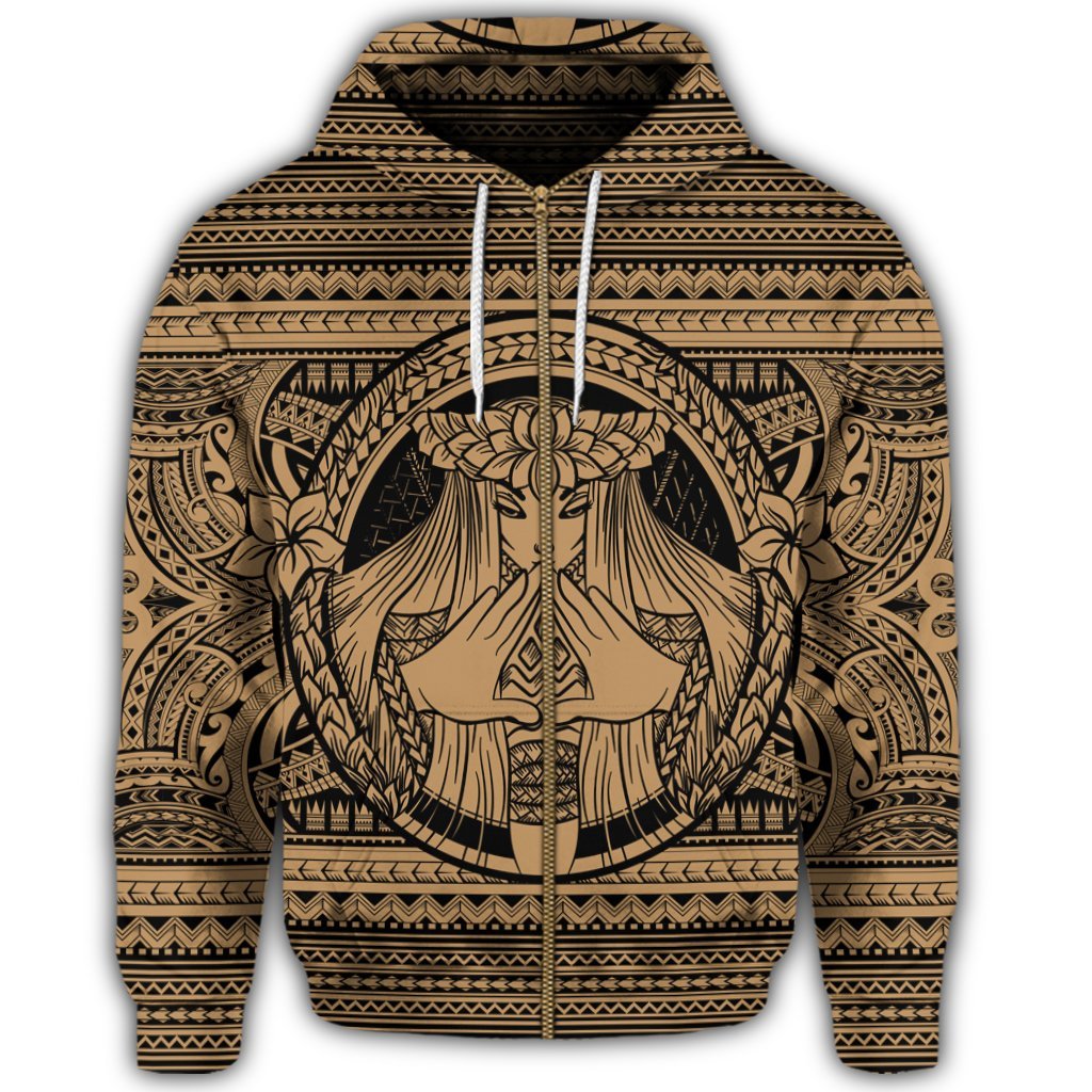 Hawaiian Map Madame Pele Mauna Kea Plumeria Polynesian Zip Hoodie Gold - Polynesian Pride