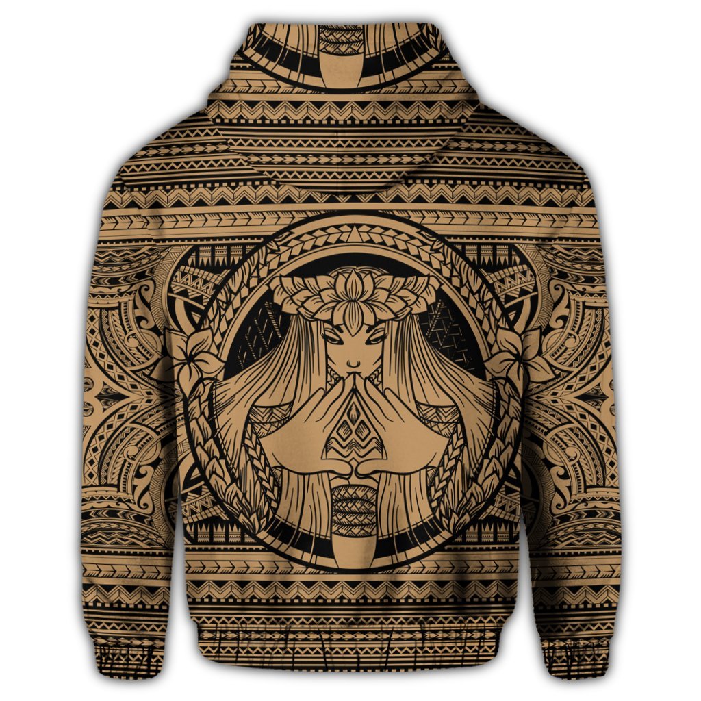 Hawaiian Map Madame Pele Mauna Kea Plumeria Polynesian Zip Hoodie Gold - Polynesian Pride