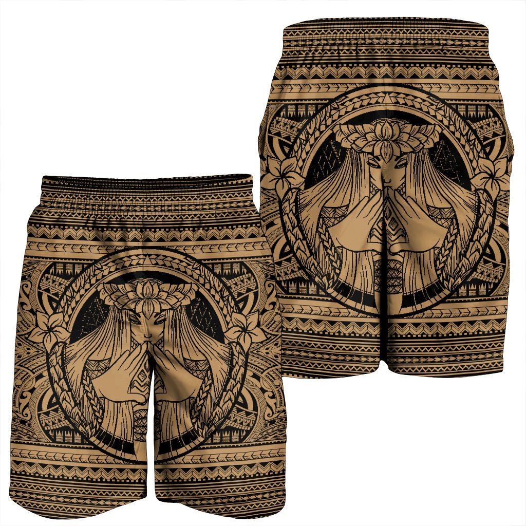 Hawaiian Map Madame Pele Mauna Kea Plumeria Polynesian Men's Shorts Gold AH - Polynesian Pride