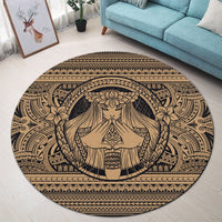Hawaiian Map Madame Pele Mauna Kea Plumeria Polynesian Round Carpet Gold AH - Polynesian Pride
