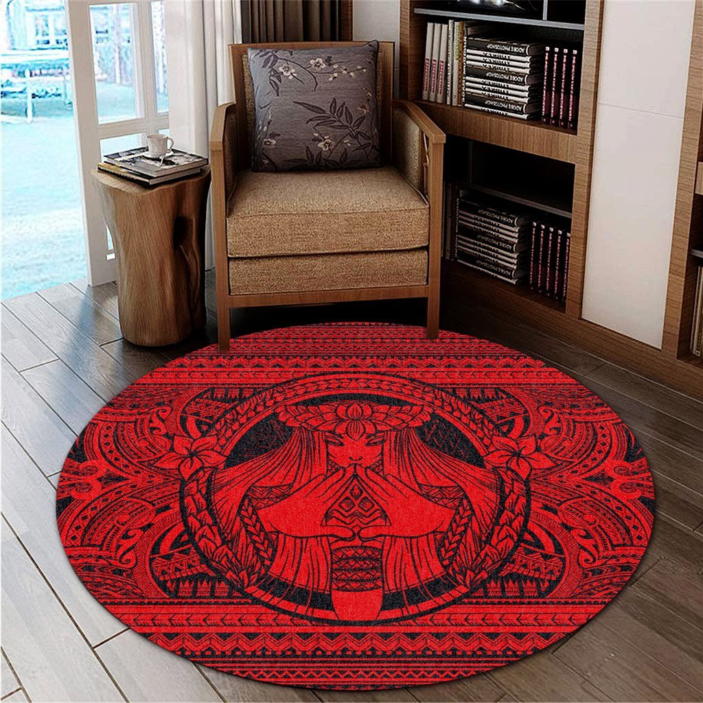 Hawaiian Map Madame Pele Mauna Kea Plumeria Polynesian Round Carpet Red AH - Polynesian Pride
