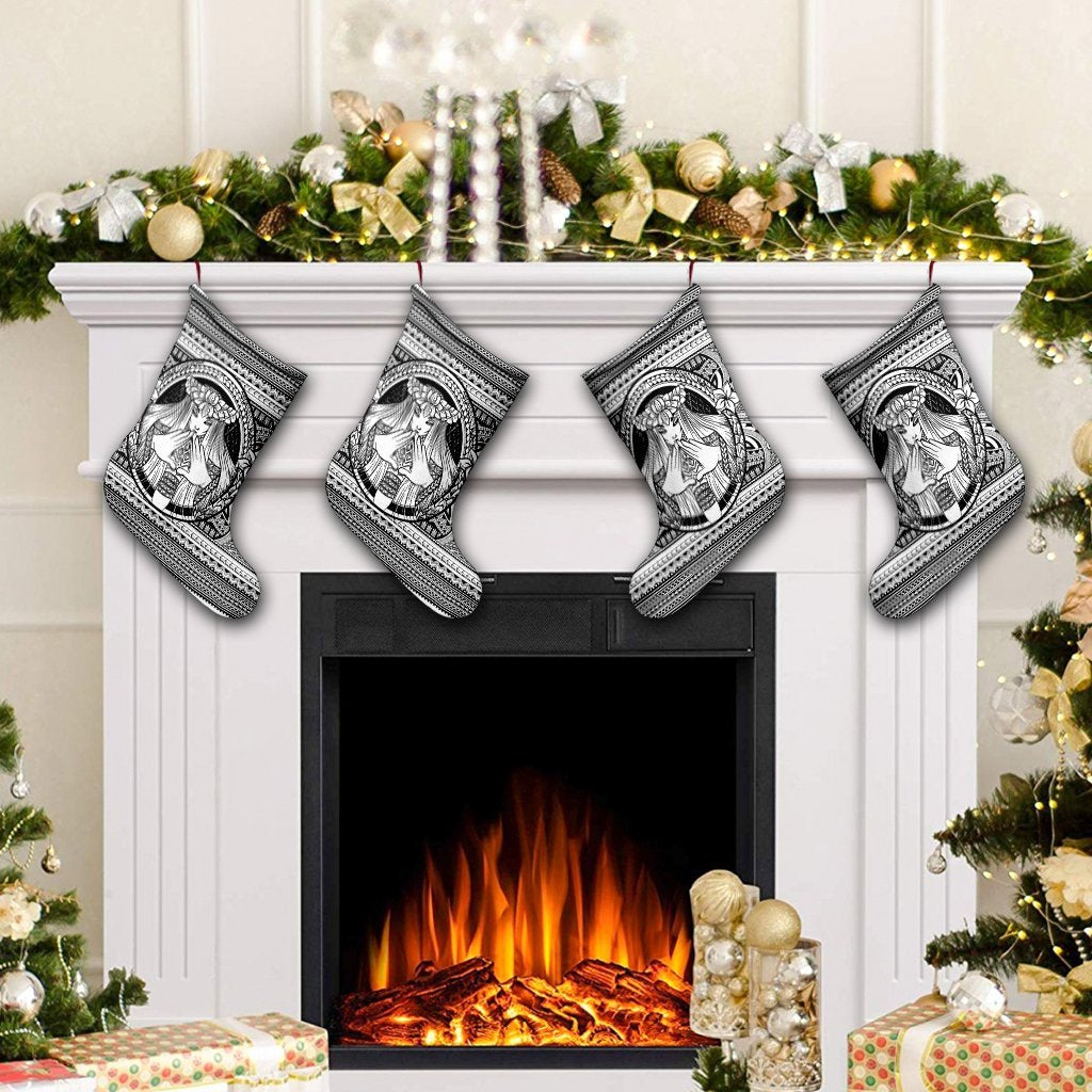 Hawaiian Map Madame Pele Mauna Kea Plumeria Polynesian Christmas Stocking White AH - Polynesian Pride