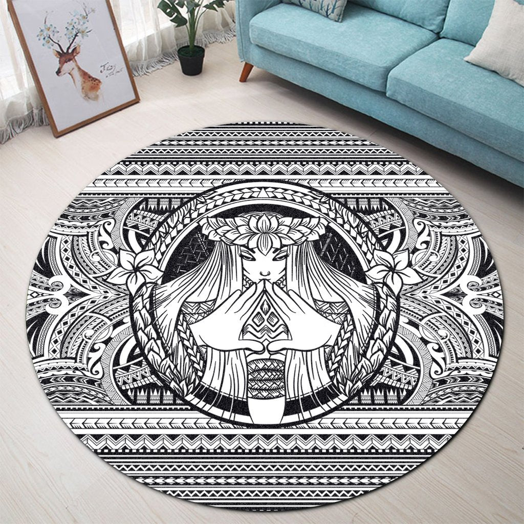Hawaiian Map Madame Pele Mauna Kea Plumeria Polynesian Round Carpet White AH - Polynesian Pride