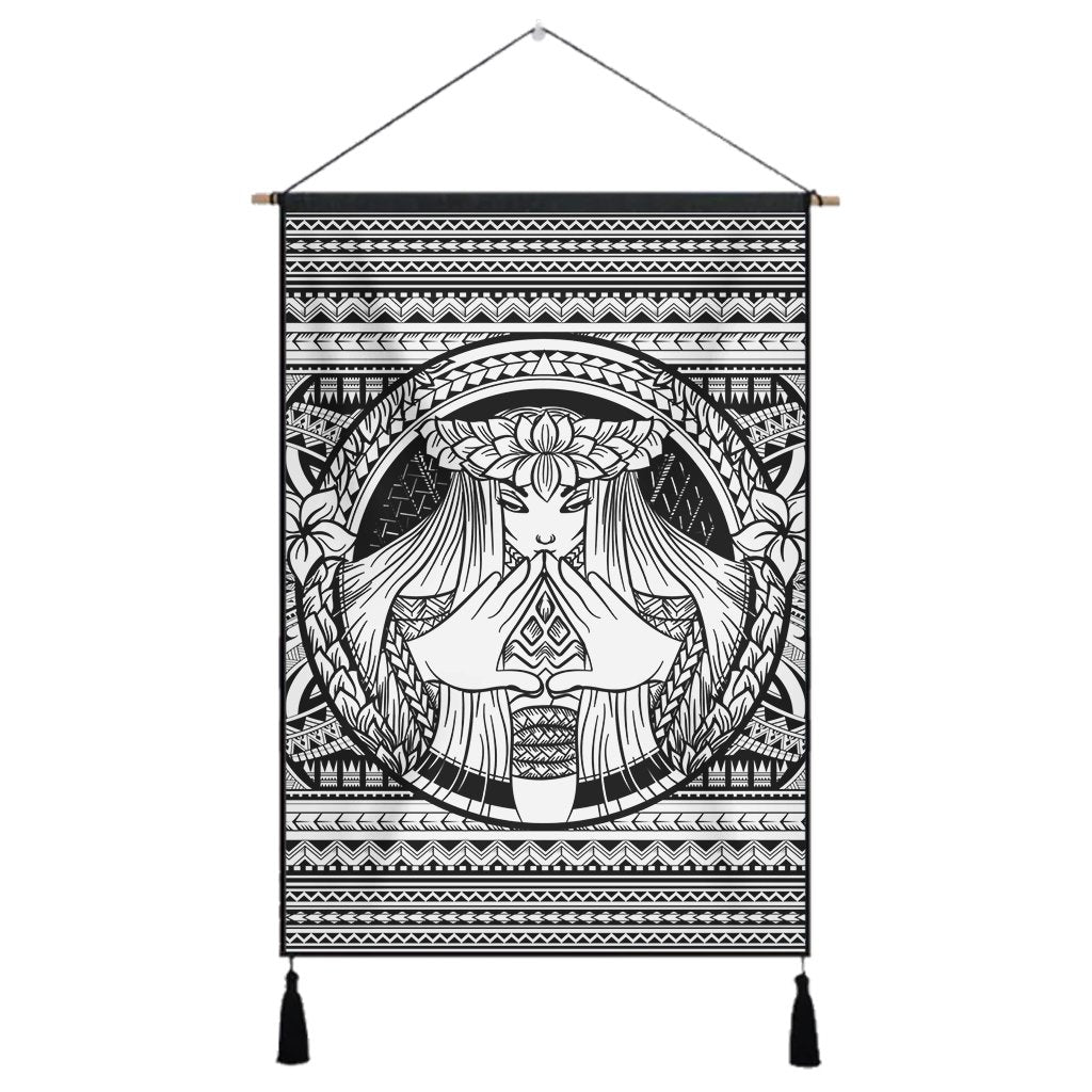 Hawaiian Map Madame Pele Mauna Kea Plumeria Polynesian Hanging Poster White AH Hanging Poster Cotton And Linen - Polynesian Pride