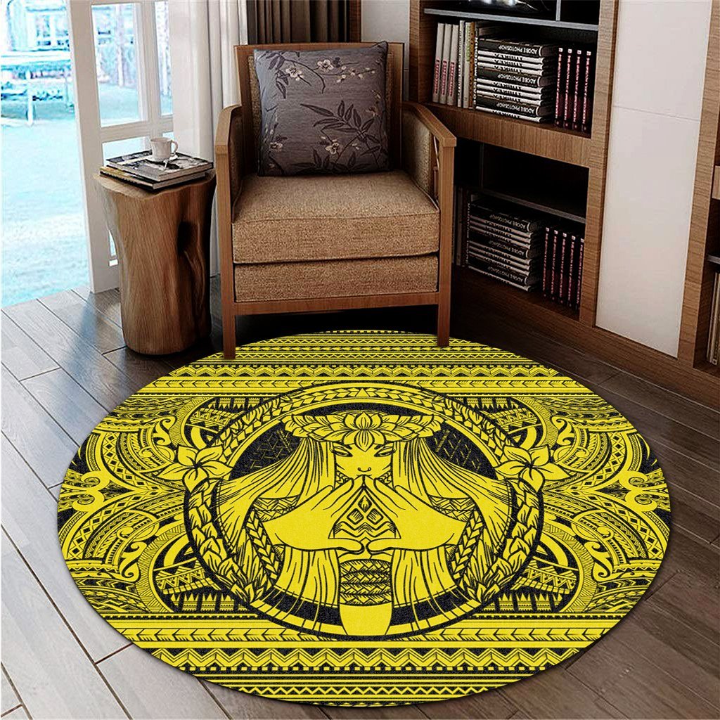 Hawaiian Map Madame Pele Mauna Kea Plumeria Polynesian Round Carpet Yellow AH - Polynesian Pride