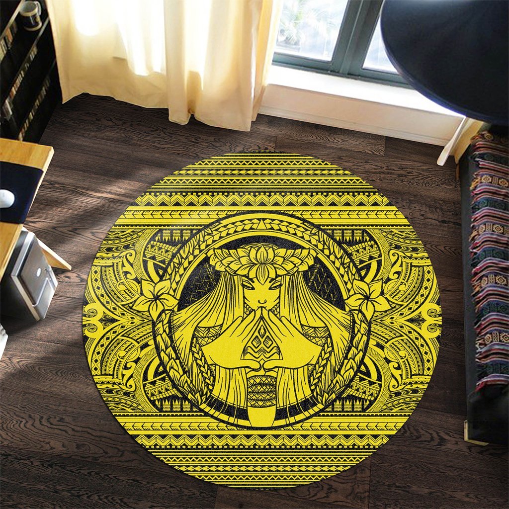 Hawaiian Map Madame Pele Mauna Kea Plumeria Polynesian Round Carpet Yellow AH - Polynesian Pride