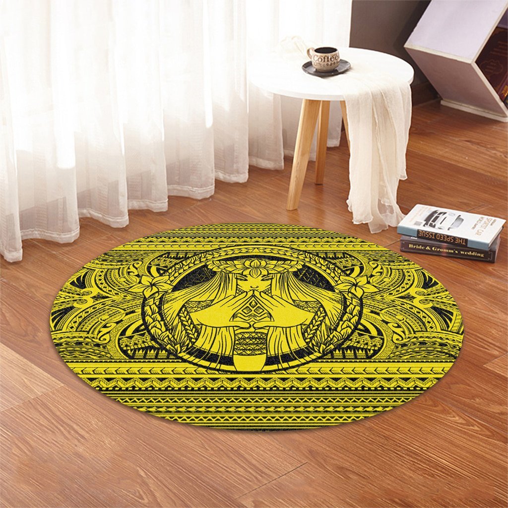 Hawaiian Map Madame Pele Mauna Kea Plumeria Polynesian Round Carpet Yellow AH - Polynesian Pride