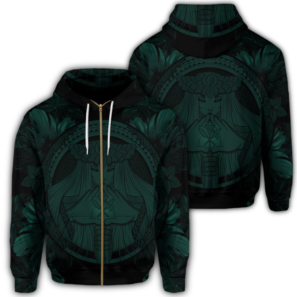 Hawaiian Map Madame Pele Polynesian Zip Hoodie Dark Green Unisex Art - Polynesian Pride