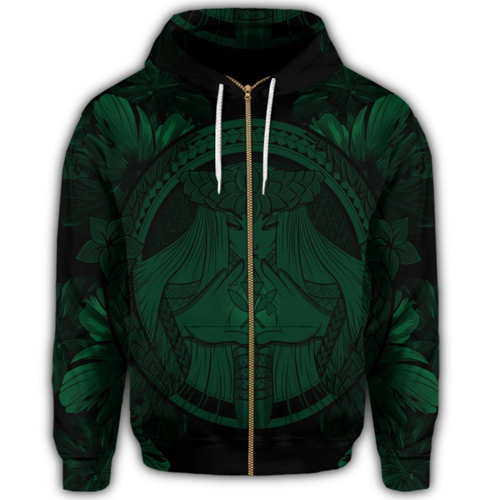 Hawaiian Map Madame Pele Polynesian Zip Hoodie Green - Polynesian Pride
