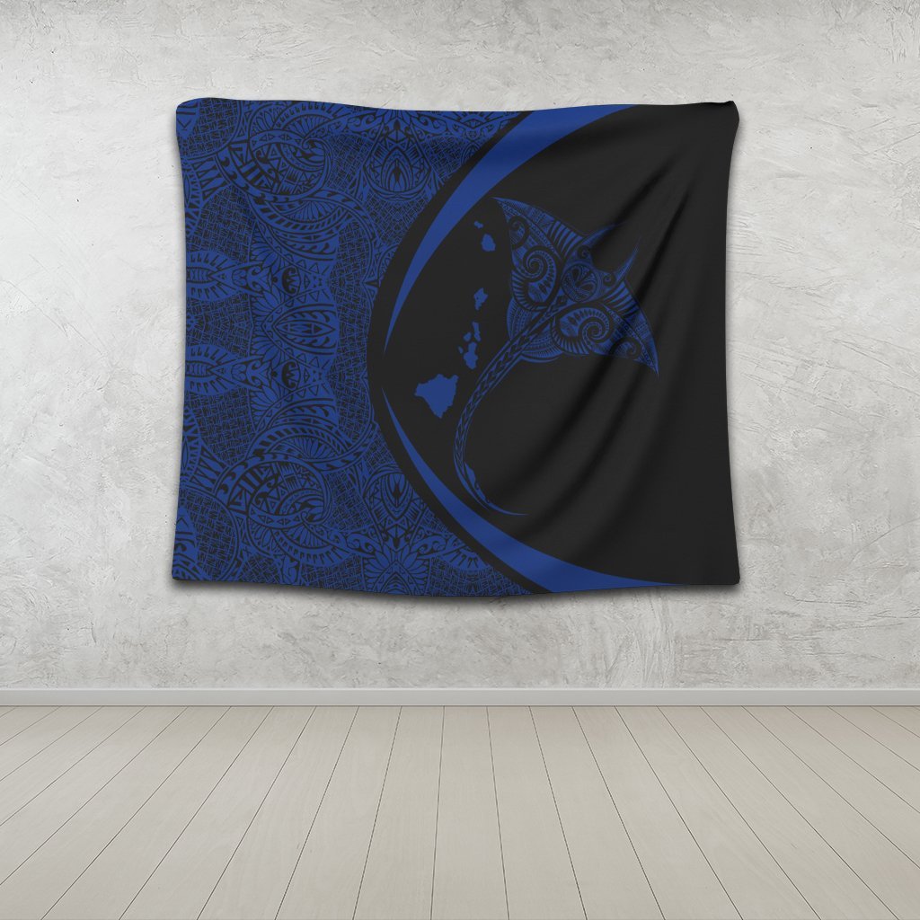 Hawaiian Map Manta Ray Blue Polynesian Tapestry - AH - Polynesian Pride