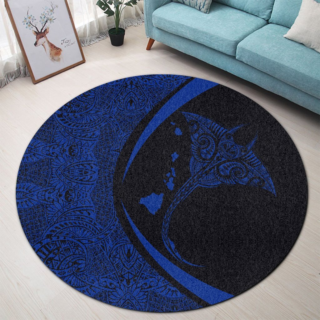 Hawaiian Map Manta Ray Blue Polynesian Round Carpet - AH - Polynesian Pride