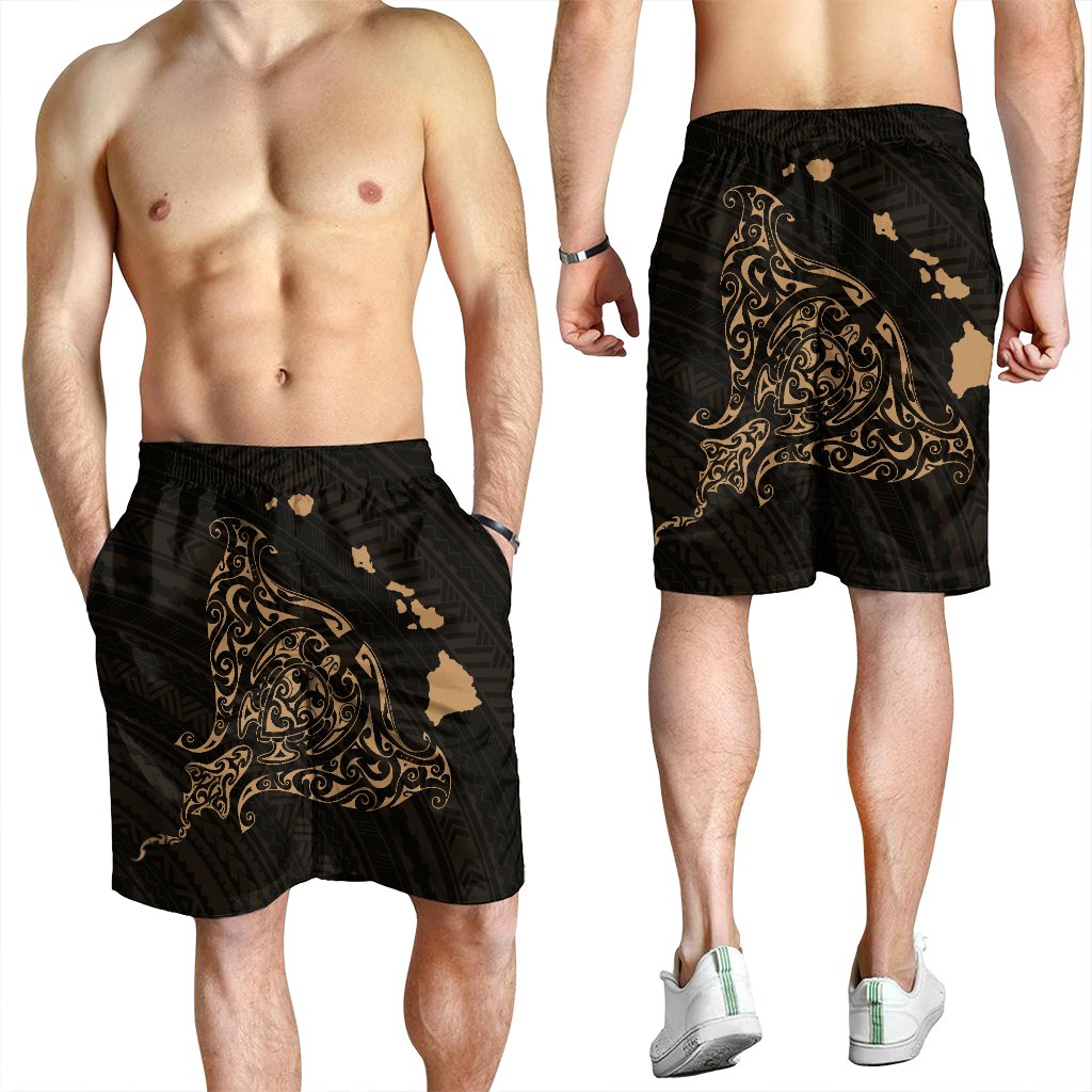 Hawaiian Map Manta Ray Gold Polynesian Men's Shorts - AH - Polynesian Pride