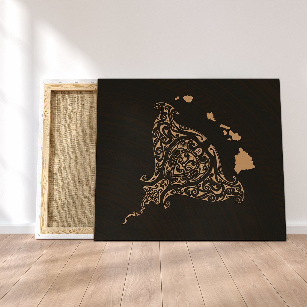 Hawaiian Map Manta Ray Gold Polynesian Canvas - AH Canvas Poly-cotton - Polynesian Pride