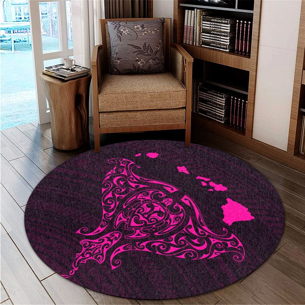 Hawaiian Map Manta Ray Pink Polynesian Round Carpet - AH - Polynesian Pride