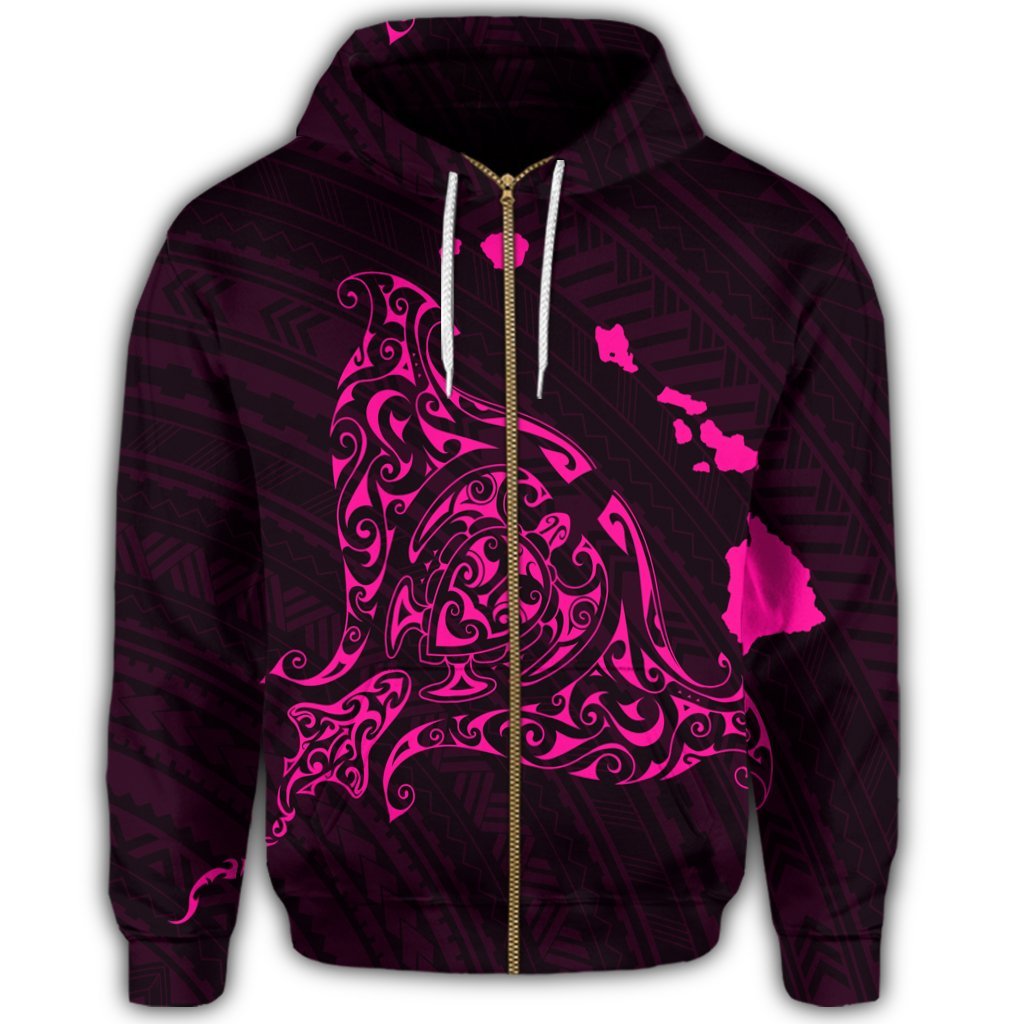 Hawaiian Map Manta Ray Pink Polynesian Zip Hoodie - Polynesian Pride