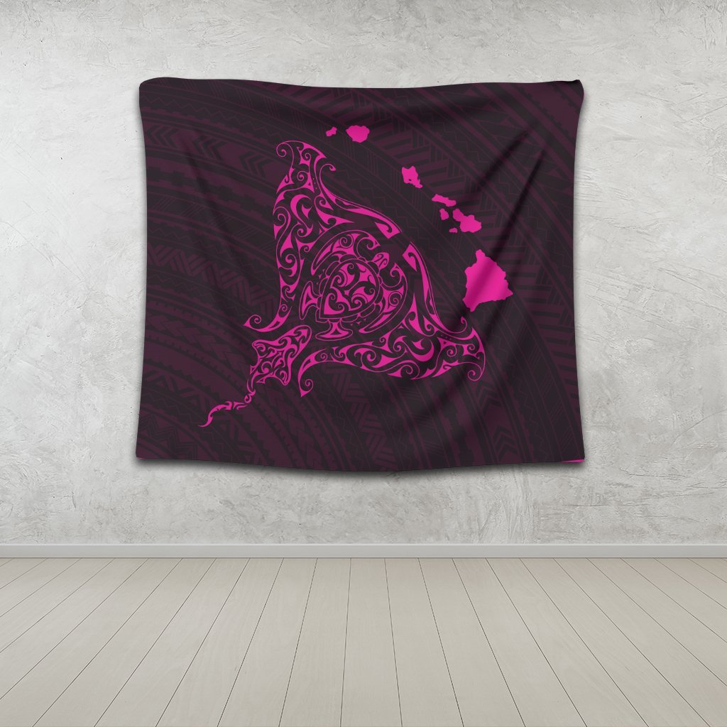 Hawaiian Map Manta Ray Pink Polynesian Tapestry - AH - Polynesian Pride