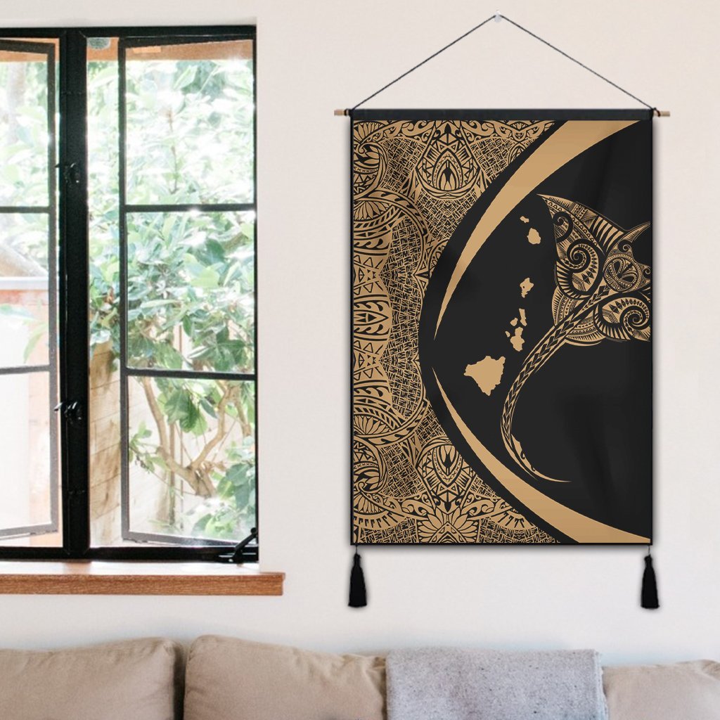 Hawaiian Map Manta Ray Polynesian Hanging Poster - Gold - AH - Polynesian Pride