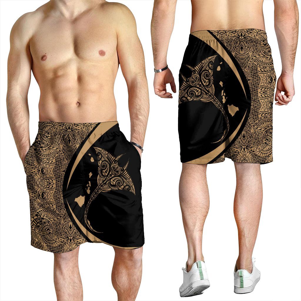 Hawaiian Map Manta Ray Polynesian Men's Shorts - Gold - AH - Polynesian Pride