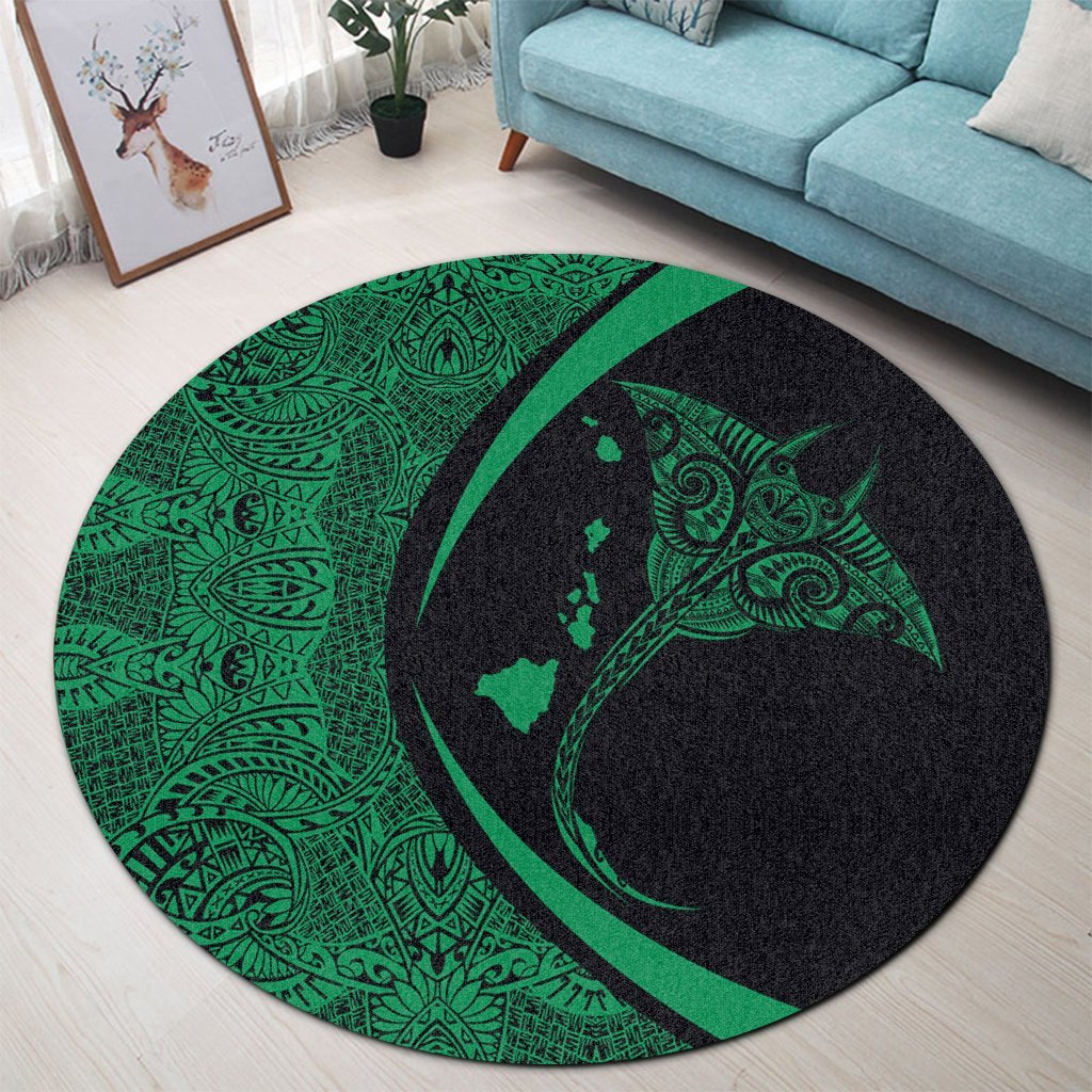 Hawaiian Map Manta Ray Polynesian Round Carpet - Green - Circle Style - AH - Polynesian Pride