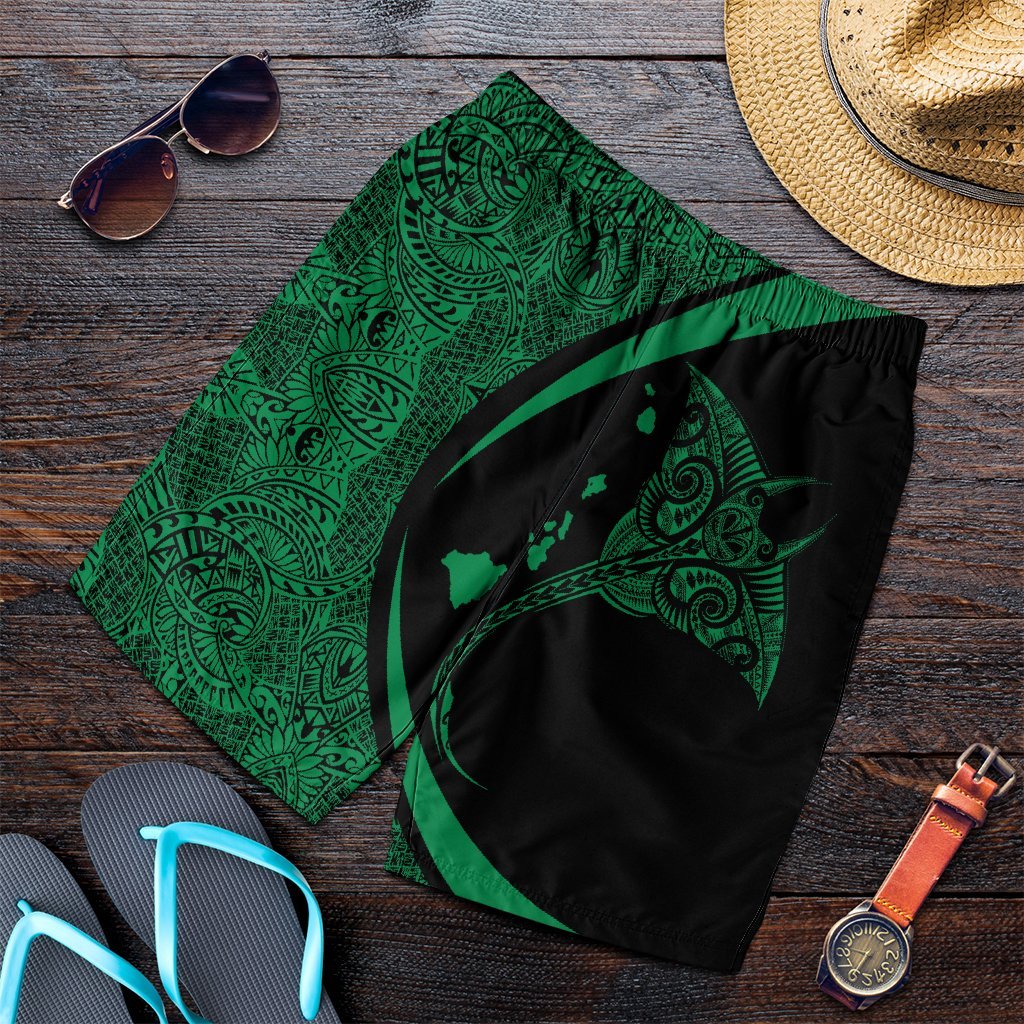 Hawaiian Map Manta Ray Polynesian Men's Shorts - Green - Circle Style - AH Art - Polynesian Pride