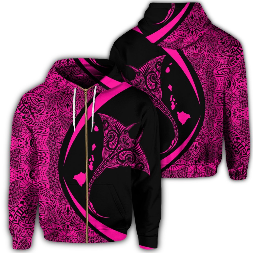 Hawaiian Map Manta Ray Polynesian Zip Hoodie Pink Unisex Art - Polynesian Pride