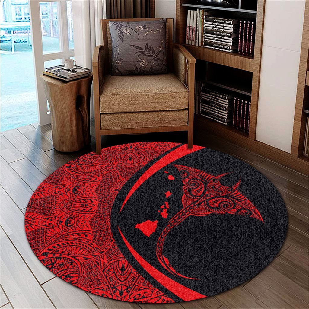 Hawaiian Map Manta Ray Polynesian Round Carpet - Red - AH - Polynesian Pride