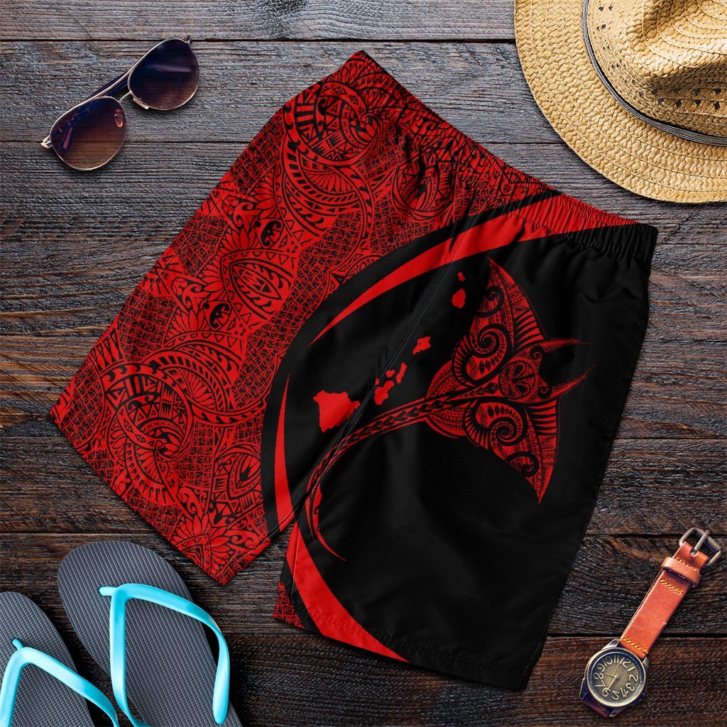 Hawaiian Map Manta Ray Polynesian Men's Shorts - Red - AH Art - Polynesian Pride