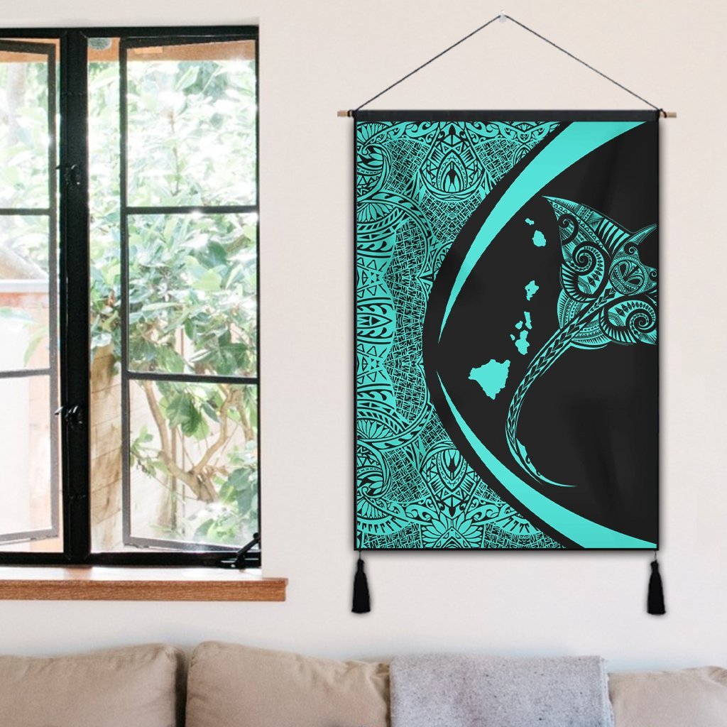 Hawaiian Map Manta Ray Polynesian Hanging Poster - Turquoise - Circle Style - AH - Polynesian Pride