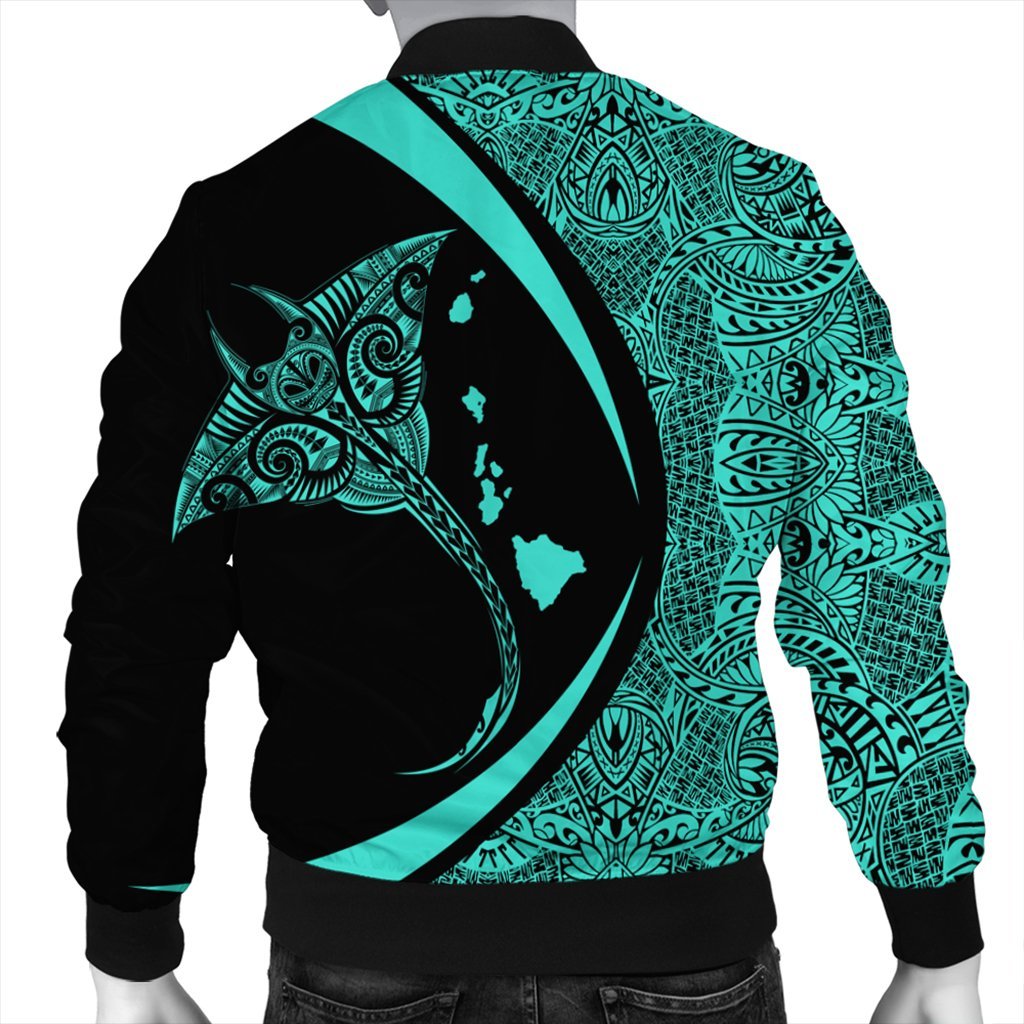 Hawaiian Map Manta Ray Polynesian Bomber Jacket - Turquoise - Circle Style - AH - Polynesian Pride