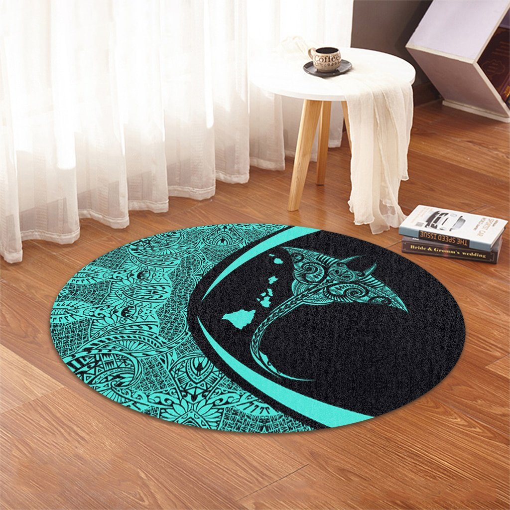 Hawaiian Map Manta Ray Polynesian Round Carpet - Turquoise - Circle Style - AH - Polynesian Pride