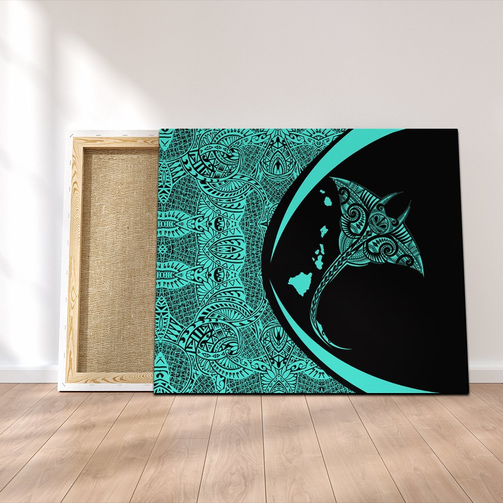 Hawaiian Map Manta Ray Polynesian Canvas - Turquoise - Circle Style - AH Canvas Poly-cotton - Polynesian Pride