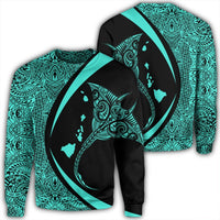 Hawaiian Map Manta Ray Polynesian Sweatshirt - Turquoise - Circle Style - AH Unisex Black - Polynesian Pride