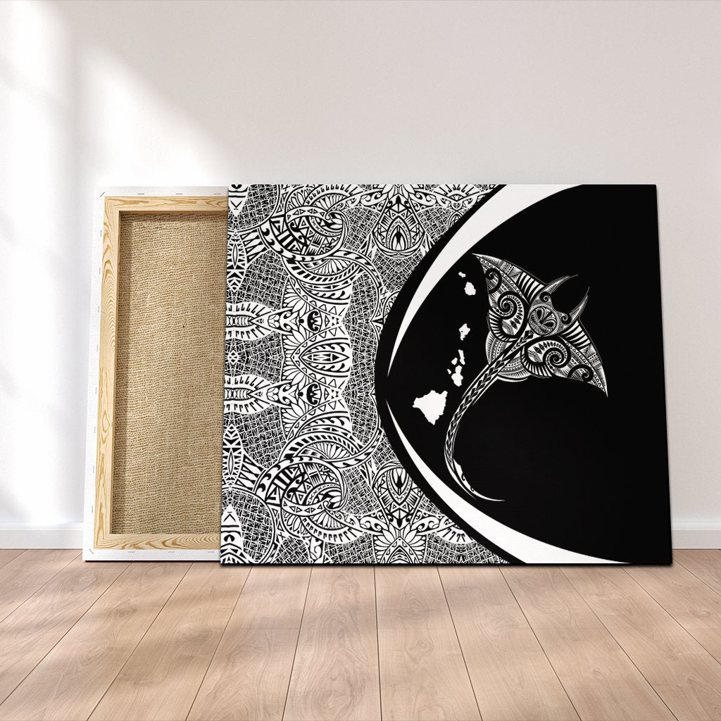 Hawaiian Map Manta Ray Polynesian Canvas - White - Circle Style - AH Canvas Poly-cotton - Polynesian Pride