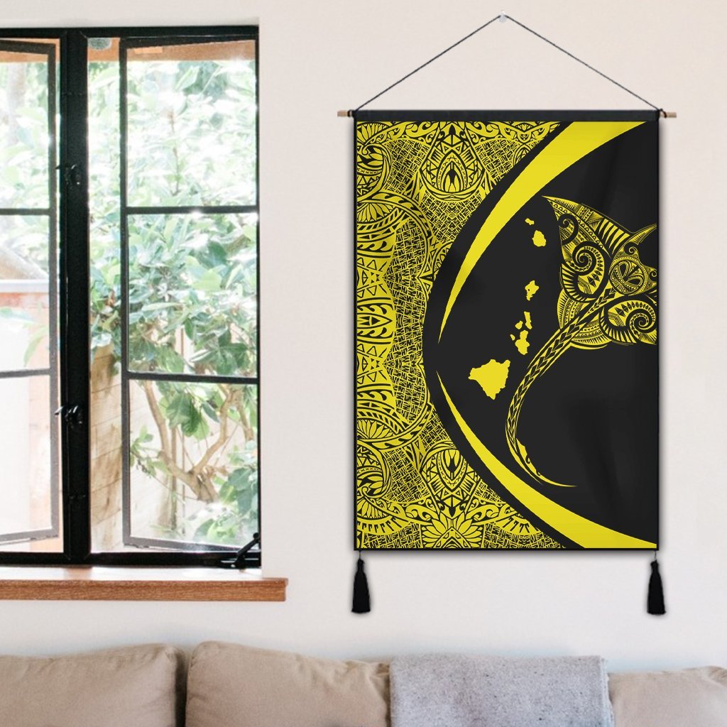 Hawaiian Map Manta Ray Polynesian Hanging Poster - Yellow - Circle Style - AH - Polynesian Pride