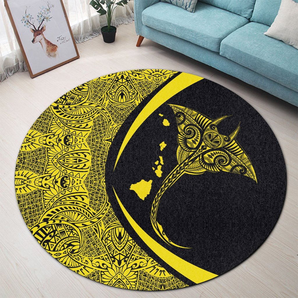 Hawaiian Map Manta Ray Polynesian Round Carpet - Yellow - Circle Style - AH - Polynesian Pride