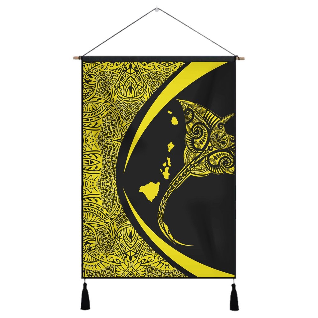 Hawaiian Map Manta Ray Polynesian Hanging Poster - Yellow - Circle Style - AH Hanging Poster Cotton And Linen - Polynesian Pride