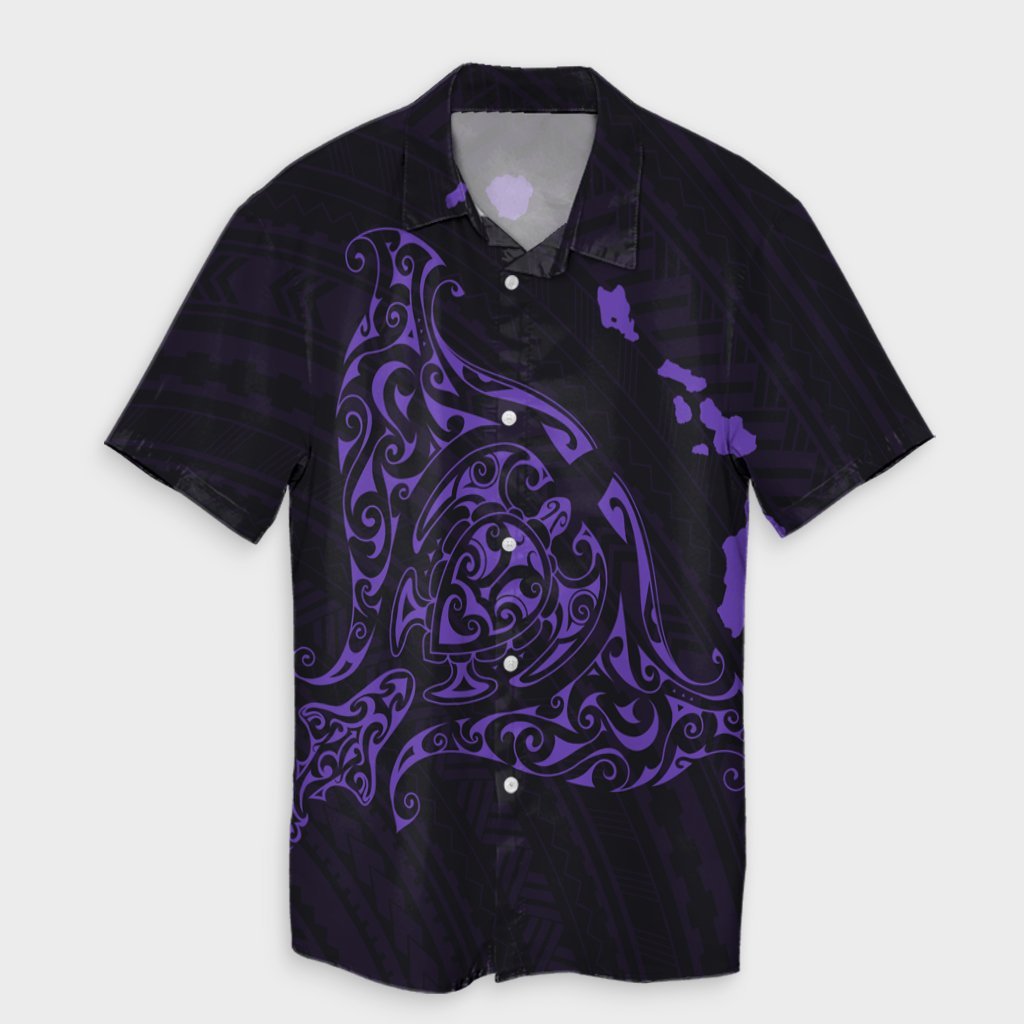 Hawaiian Map Manta Ray Purple Polynesian Hawaiian Shirt - AH Unisex Black - Polynesian Pride