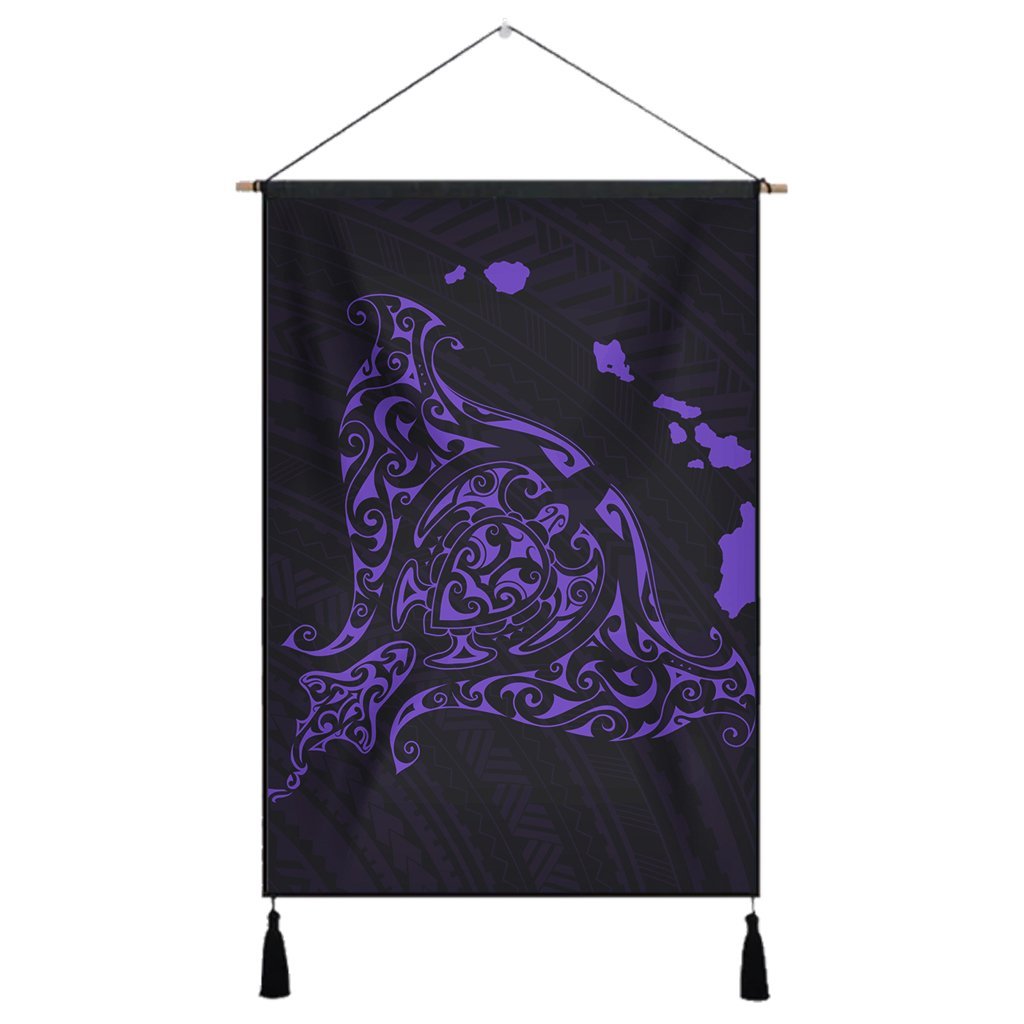 Hawaiian Map Manta Ray Purple Polynesian Hanging Poster - AH Hanging Poster Cotton And Linen - Polynesian Pride